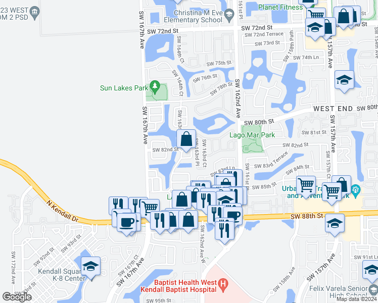 map of restaurants, bars, coffee shops, grocery stores, and more near 16416 Southwest 82nd Street in Miami