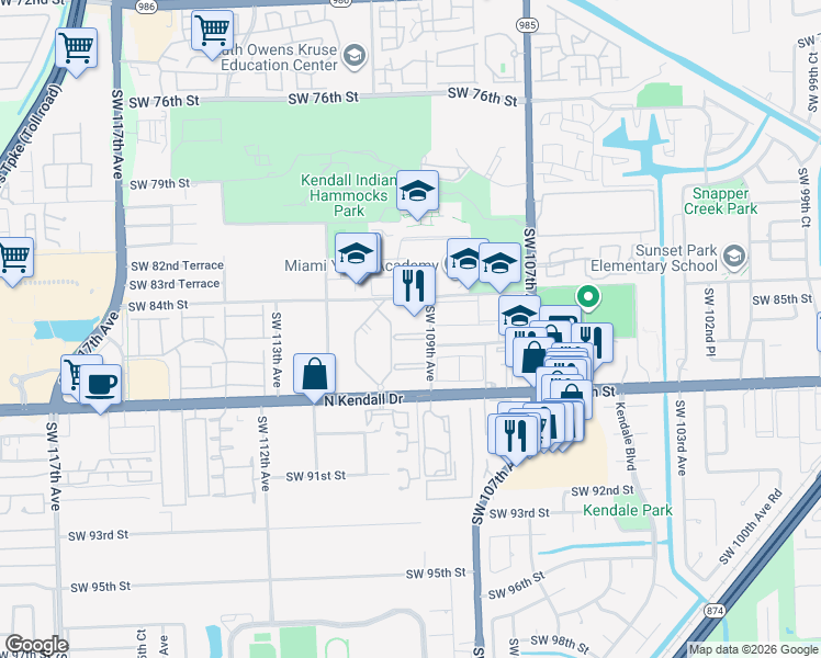 map of restaurants, bars, coffee shops, grocery stores, and more near 8599 Southwest 109th Avenue in Miami