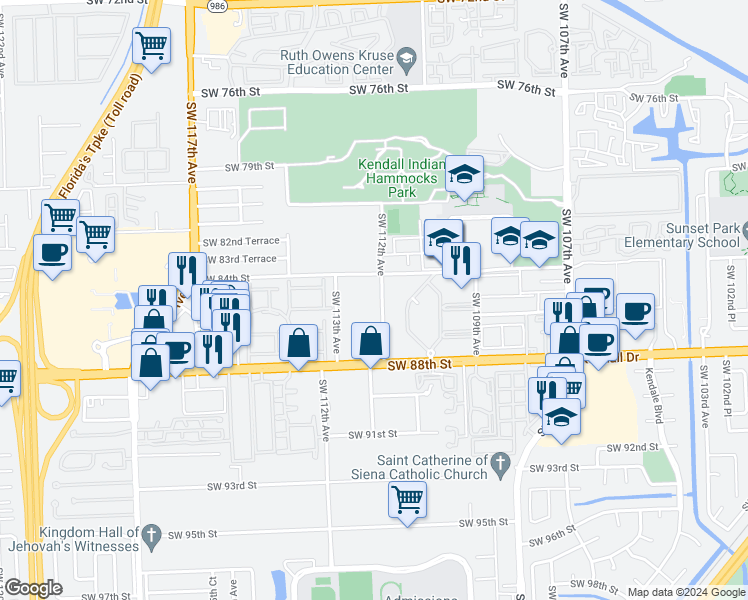 map of restaurants, bars, coffee shops, grocery stores, and more near 11265 Southwest 88th Street in Miami