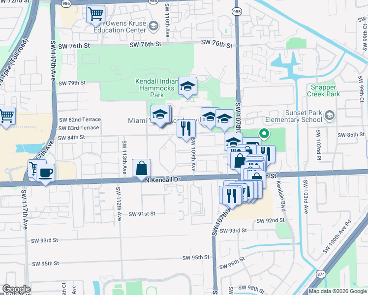 map of restaurants, bars, coffee shops, grocery stores, and more near 8599 Southwest 109th Avenue in Miami