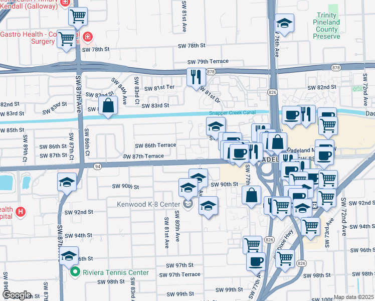 map of restaurants, bars, coffee shops, grocery stores, and more near 8133 Southwest 87th Terrace in Miami