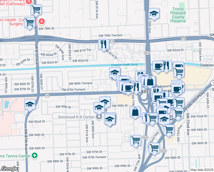 map of restaurants, bars, coffee shops, grocery stores, and more near 7974 Southwest 86th Terrace in Miami