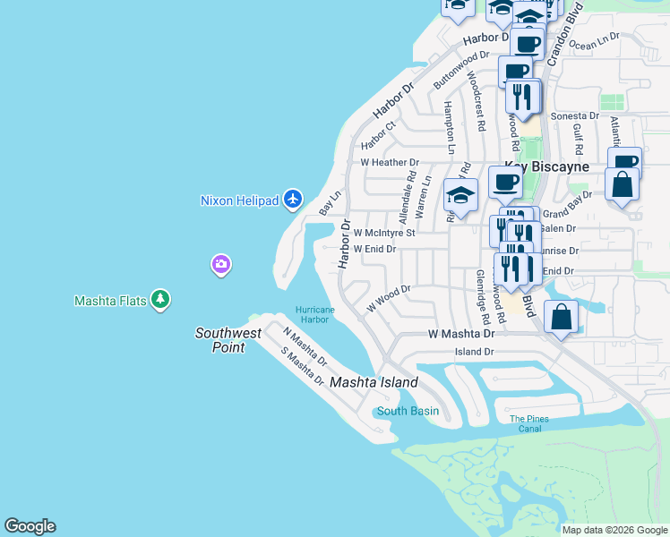 map of restaurants, bars, coffee shops, grocery stores, and more near 670 Harbor Drive in Key Biscayne
