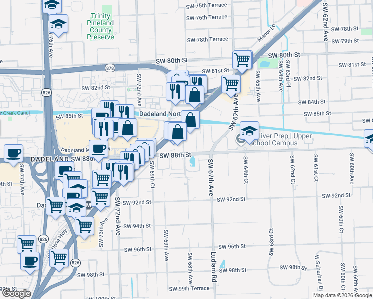 map of restaurants, bars, coffee shops, grocery stores, and more near in Pinecrest