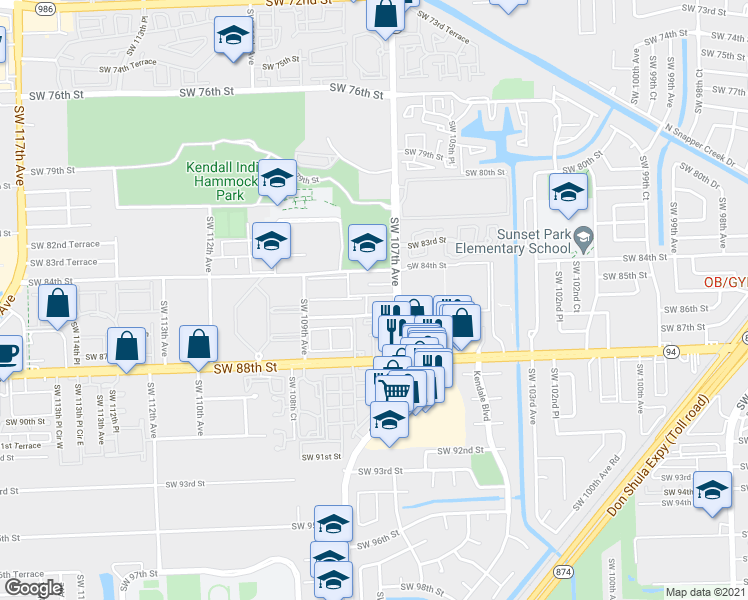 map of restaurants, bars, coffee shops, grocery stores, and more near 8536 Southwest 107th Avenue in Miami