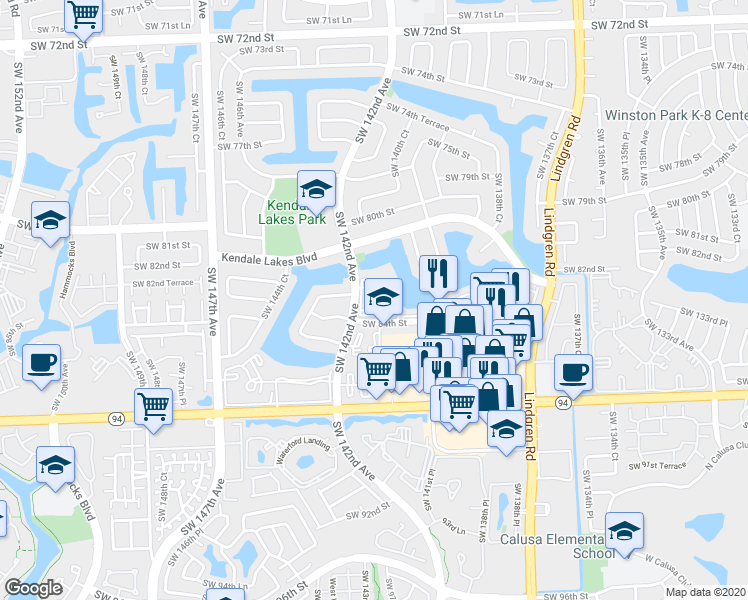 map of restaurants, bars, coffee shops, grocery stores, and more near 8320 Southwest 142nd Avenue in Miami