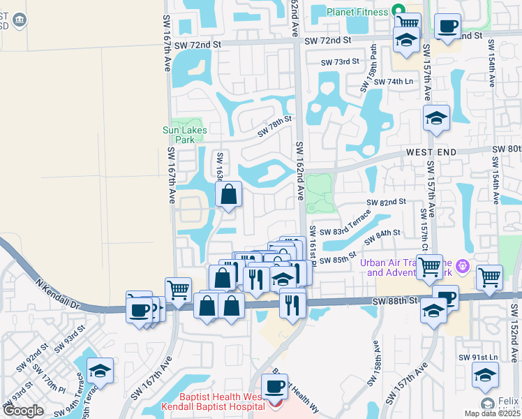 map of restaurants, bars, coffee shops, grocery stores, and more near 8182 Southwest 163rd Avenue in Miami