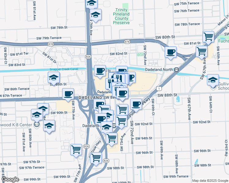 map of restaurants, bars, coffee shops, grocery stores, and more near Dadeland Mall in Miami