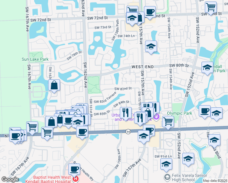 map of restaurants, bars, coffee shops, grocery stores, and more near 8354 Southwest 159th Place in Miami