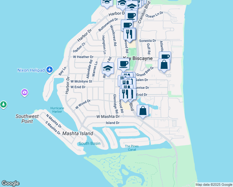 map of restaurants, bars, coffee shops, grocery stores, and more near 677 Glenridge Road in Key Biscayne