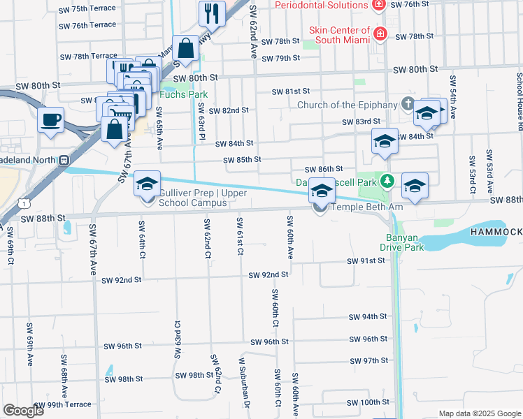 map of restaurants, bars, coffee shops, grocery stores, and more near 6575 North Kendall Drive in Miami