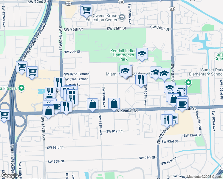 map of restaurants, bars, coffee shops, grocery stores, and more near 11265 Southwest 88th Street in Miami