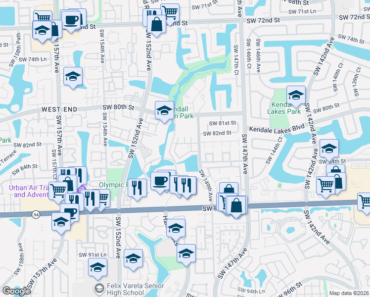 map of restaurants, bars, coffee shops, grocery stores, and more near 8260 Southwest 149th Court in Miami