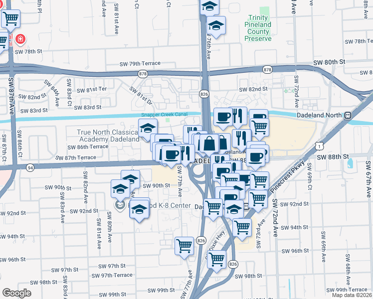 map of restaurants, bars, coffee shops, grocery stores, and more near 7737 Southwest 88th Street in Kendall