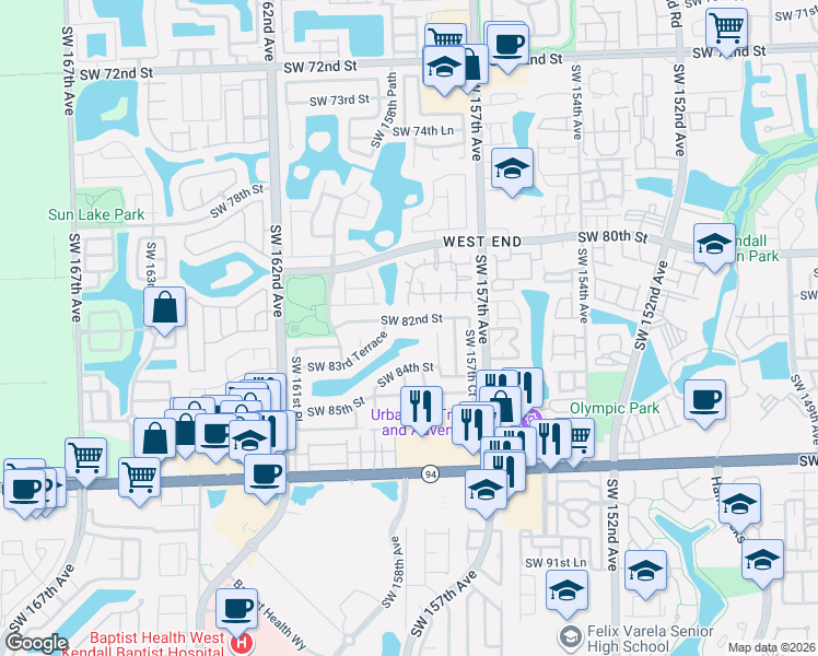 map of restaurants, bars, coffee shops, grocery stores, and more near 15872 Southwest 82nd Street in Miami