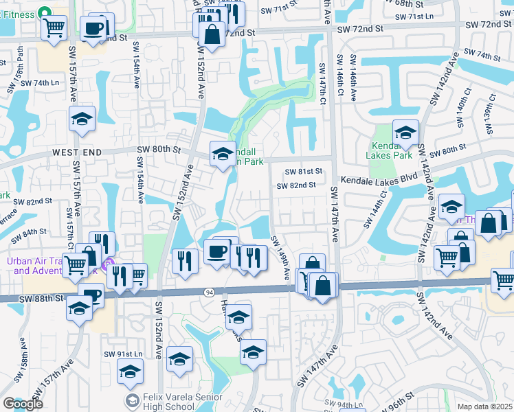 map of restaurants, bars, coffee shops, grocery stores, and more near 14902 Southwest 82nd Lane in Miami