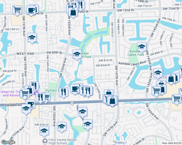 map of restaurants, bars, coffee shops, grocery stores, and more near 14902 Southwest 82nd Lane in Miami