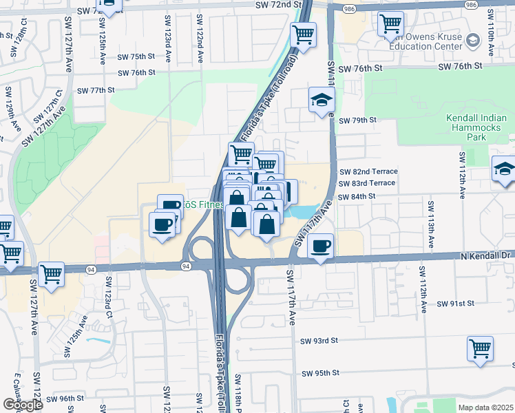 map of restaurants, bars, coffee shops, grocery stores, and more near 11800 Mills Drive in Miami