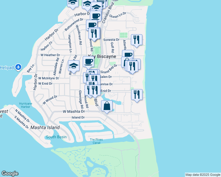 map of restaurants, bars, coffee shops, grocery stores, and more near 205 East Enid Drive in Key Biscayne