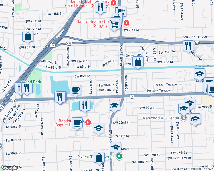 map of restaurants, bars, coffee shops, grocery stores, and more near 8791 Southwest 87th Street in Miami