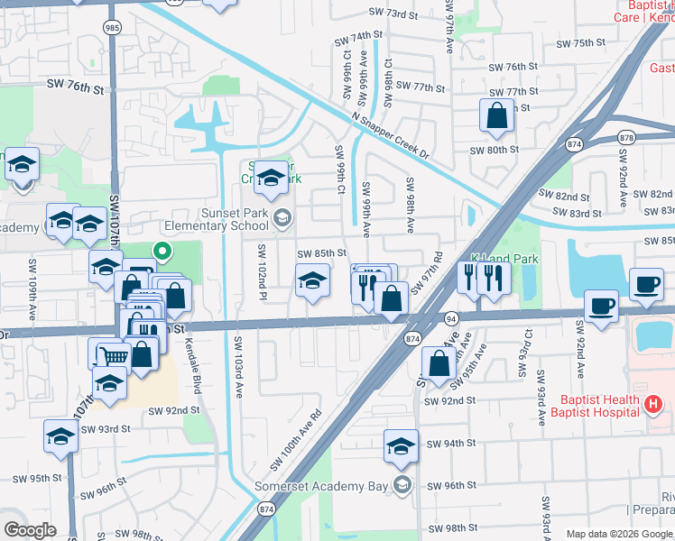 map of restaurants, bars, coffee shops, grocery stores, and more near 8540 Southwest 99th Court in Miami