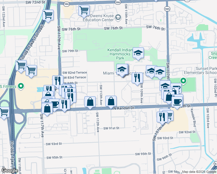 map of restaurants, bars, coffee shops, grocery stores, and more near 11265 Southwest 88th Street in Miami