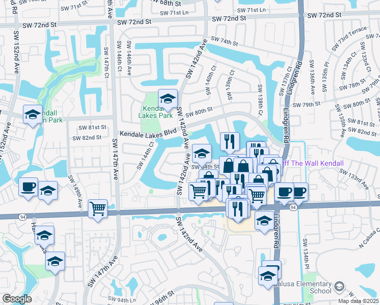map of restaurants, bars, coffee shops, grocery stores, and more near 8320 Southwest 142nd Avenue in Miami