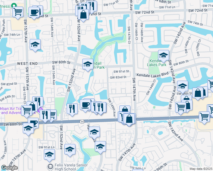 map of restaurants, bars, coffee shops, grocery stores, and more near 14902 Southwest 82nd Lane in Miami