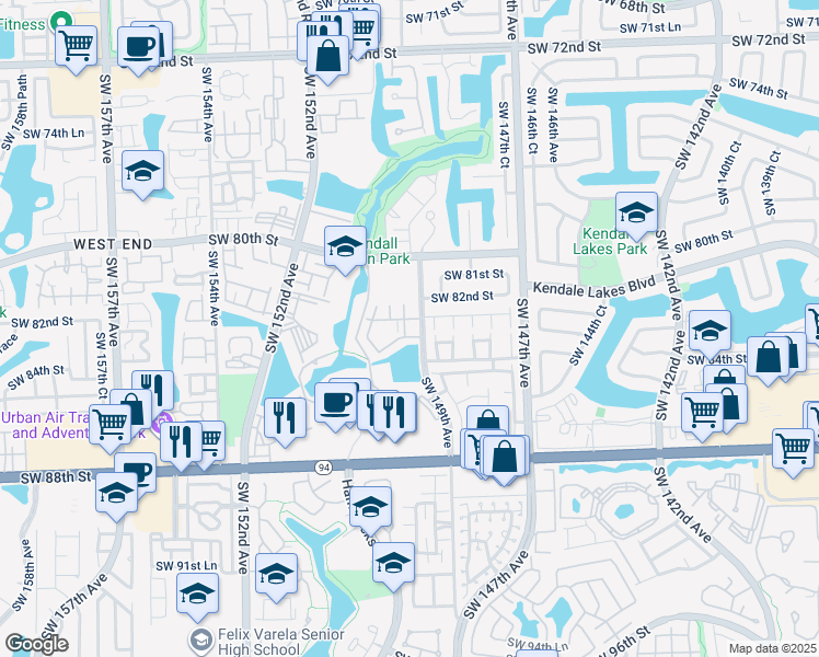 map of restaurants, bars, coffee shops, grocery stores, and more near 14902 Southwest 82nd Lane in Miami