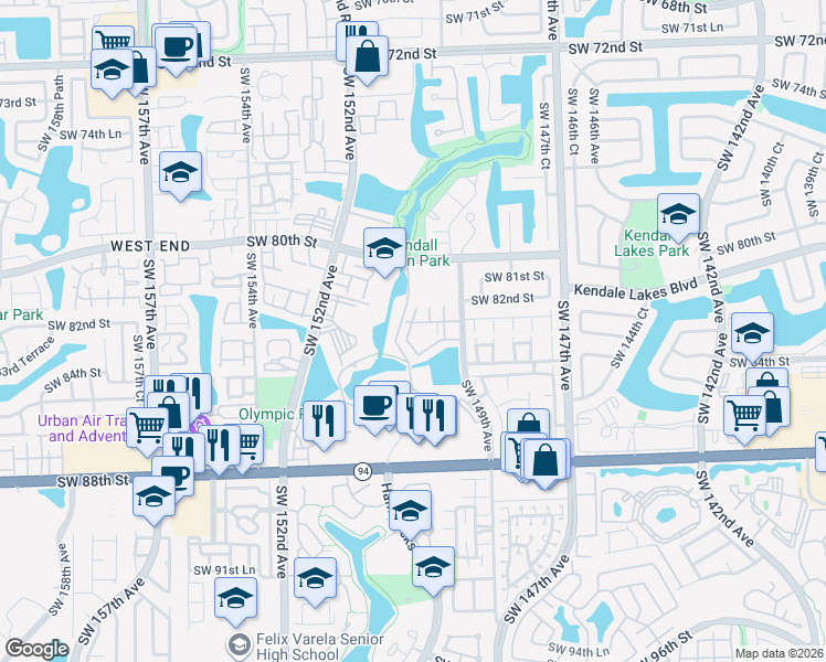 map of restaurants, bars, coffee shops, grocery stores, and more near 8260 Southwest 149th Court in Miami