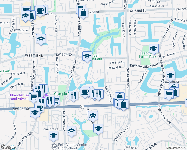map of restaurants, bars, coffee shops, grocery stores, and more near 8260 Southwest 149th Court in Miami