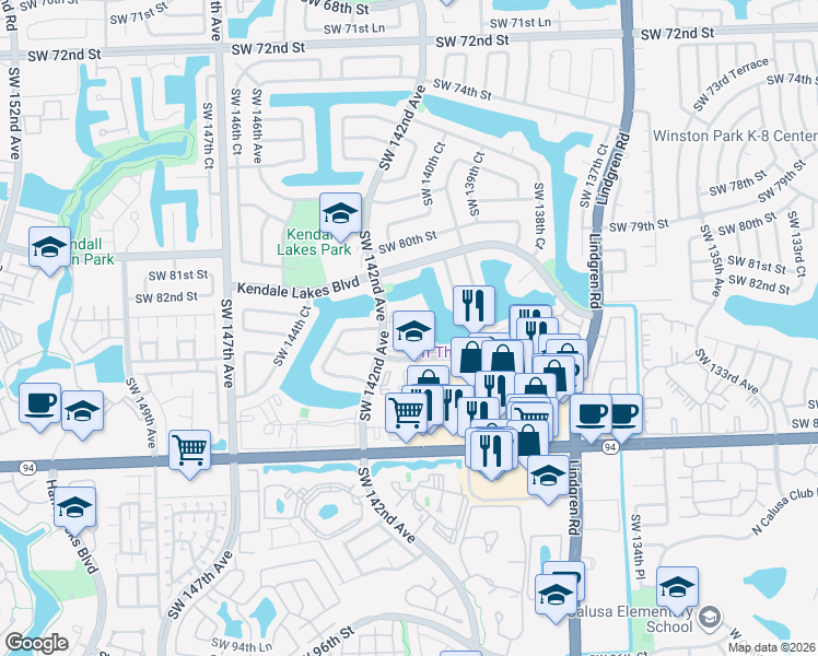 map of restaurants, bars, coffee shops, grocery stores, and more near 14039 Southwest 84th Street in Miami