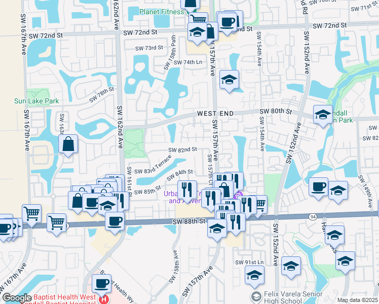 map of restaurants, bars, coffee shops, grocery stores, and more near 15842 Southwest 82nd Street in Miami