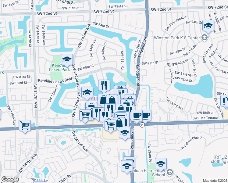 map of restaurants, bars, coffee shops, grocery stores, and more near 13879 Southwest 84th Street in Miami