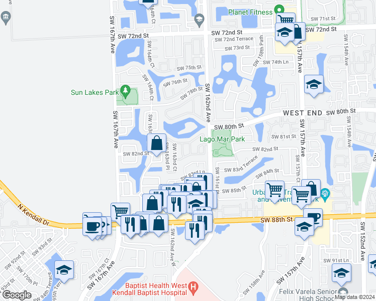 map of restaurants, bars, coffee shops, grocery stores, and more near 8160 Southwest 162nd Path in Miami
