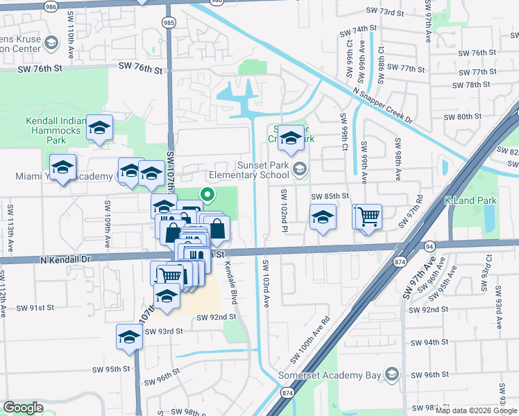 map of restaurants, bars, coffee shops, grocery stores, and more near 10393 North Kendall Drive in Miami