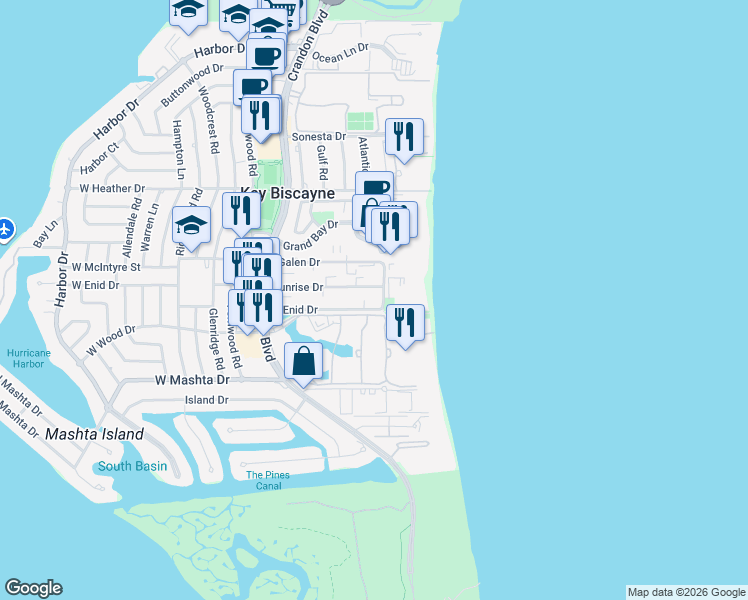 map of restaurants, bars, coffee shops, grocery stores, and more near 650 Ocean Drive in Key Biscayne
