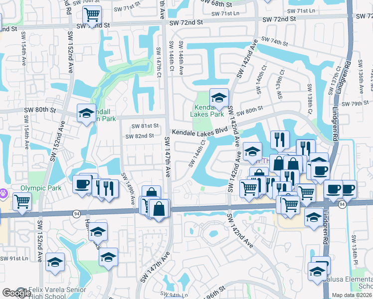 map of restaurants, bars, coffee shops, grocery stores, and more near 14504 Southwest 84th Street in Miami