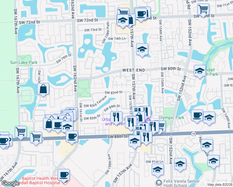 map of restaurants, bars, coffee shops, grocery stores, and more near 8293 Southwest 158th Avenue in Miami