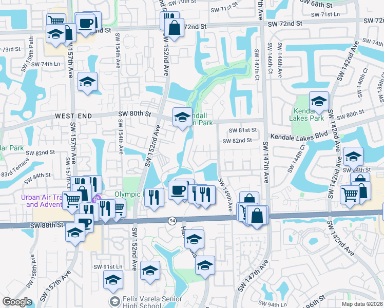 map of restaurants, bars, coffee shops, grocery stores, and more near 8260 Southwest 149th Court in Miami