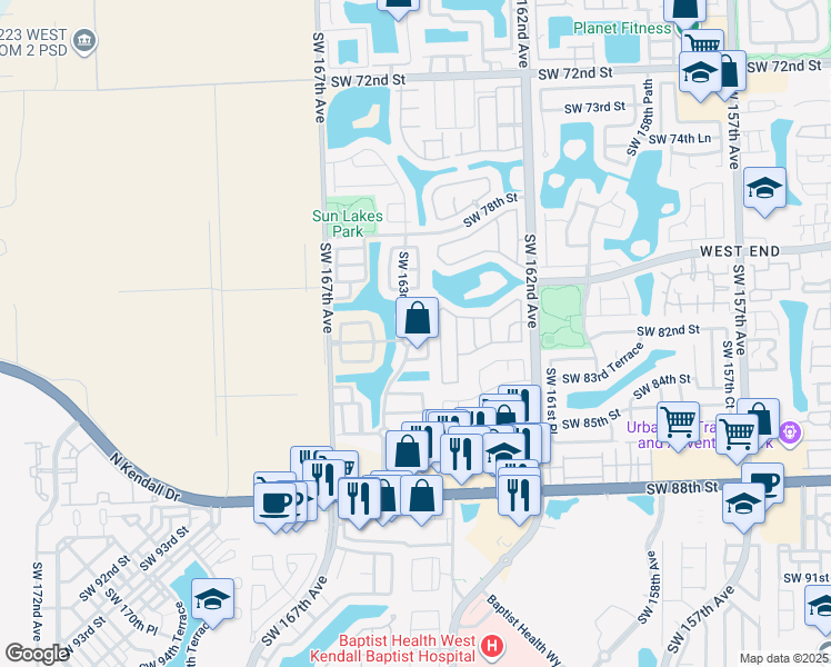 map of restaurants, bars, coffee shops, grocery stores, and more near 16416 Southwest 82nd Street in Miami