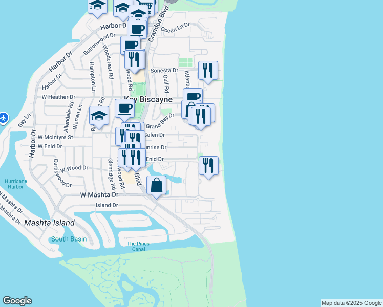 map of restaurants, bars, coffee shops, grocery stores, and more near 650 Ocean Drive in Key Biscayne