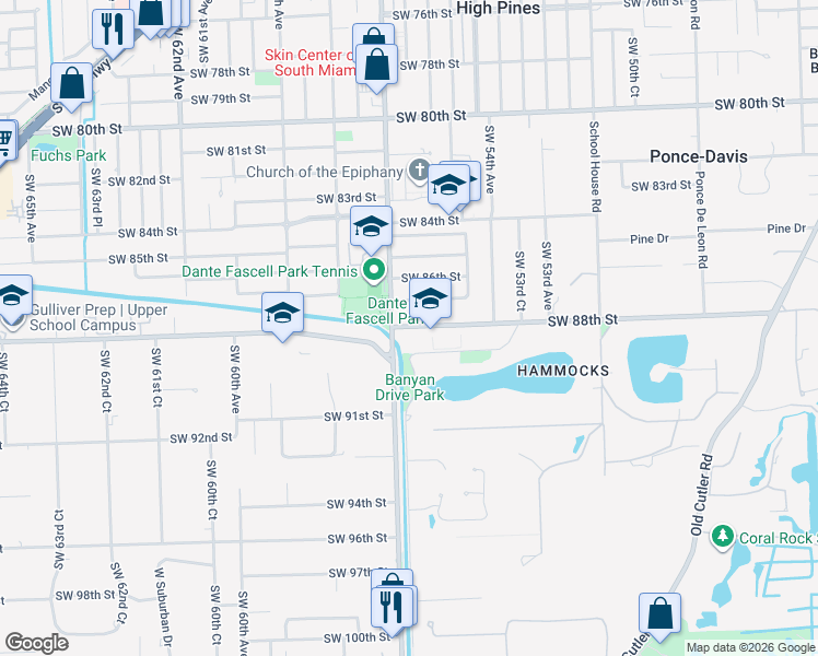 map of restaurants, bars, coffee shops, grocery stores, and more near 87425 Red Road in Pinecrest