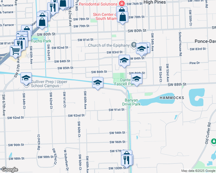 map of restaurants, bars, coffee shops, grocery stores, and more near 5900 Southwest 88th Street in Pinecrest