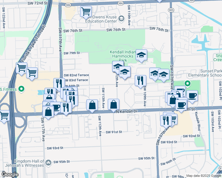 map of restaurants, bars, coffee shops, grocery stores, and more near 11265 Southwest 88th Street in Miami