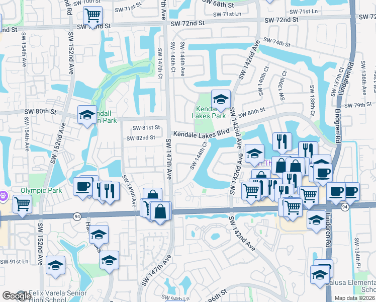 map of restaurants, bars, coffee shops, grocery stores, and more near 14504 Southwest 84th Street in Miami