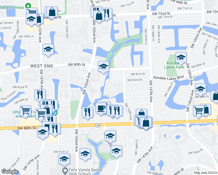 map of restaurants, bars, coffee shops, grocery stores, and more near 8260 Southwest 149th Court in Miami