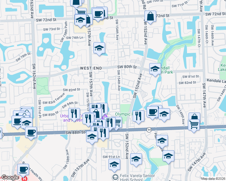 map of restaurants, bars, coffee shops, grocery stores, and more near 8394 Southwest 154th Avenue in Miami