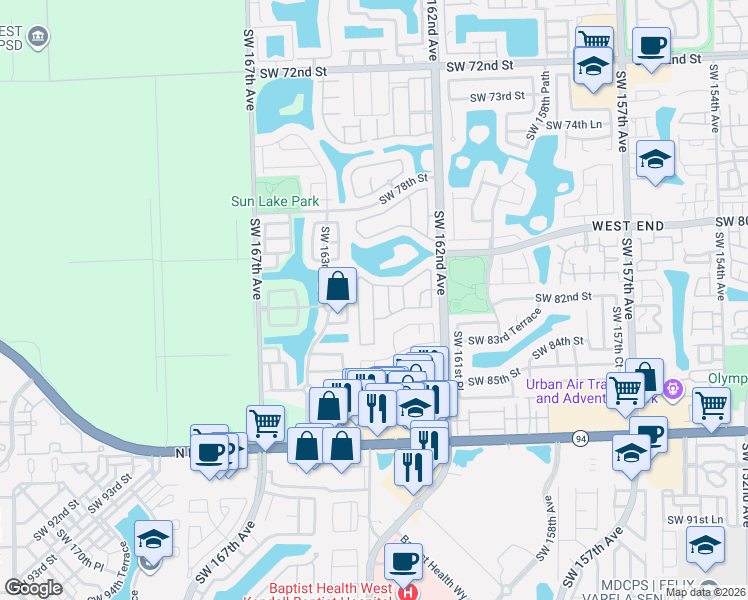 map of restaurants, bars, coffee shops, grocery stores, and more near 8149 Southwest 163rd Court in Miami