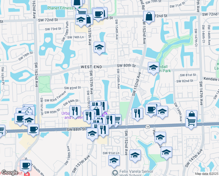 map of restaurants, bars, coffee shops, grocery stores, and more near 8394 Southwest 154th Avenue in Miami